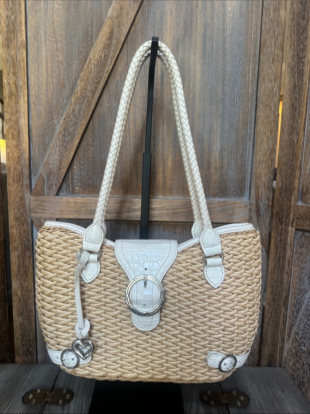 Brighton Vintage Basket Weave Tote with Croc Embossed Leather & Buckle Flap